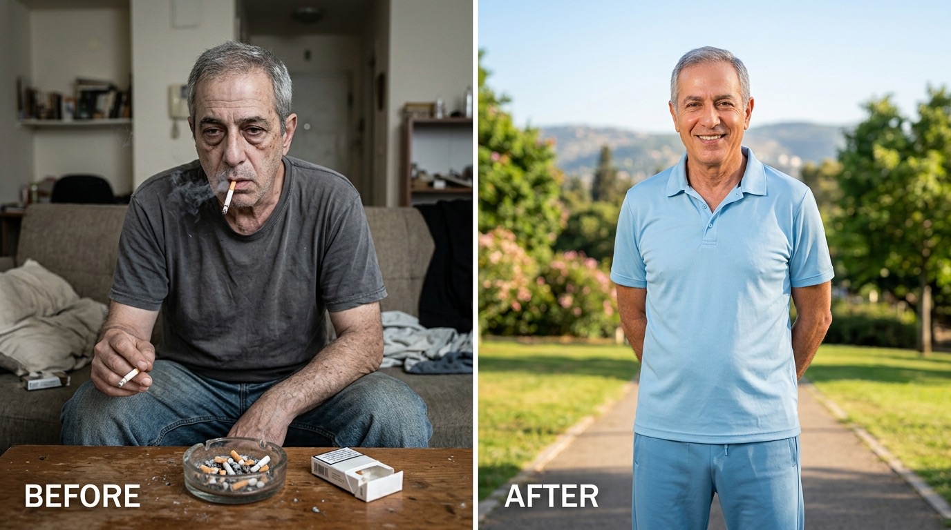 גבר ישראלי בוגר נושם לרווחה באור בוקר